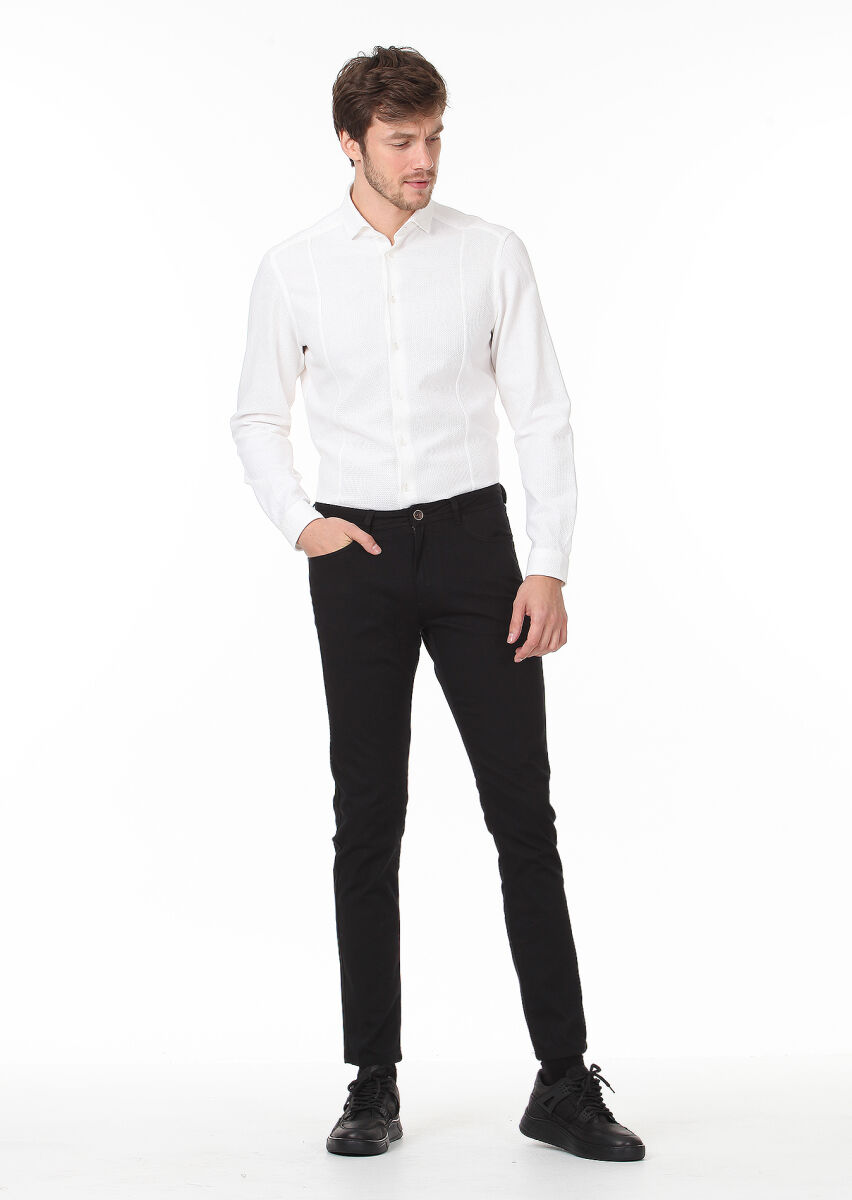 Black Weaving Slim Fit Casual Cotton Blended Trousers - 2