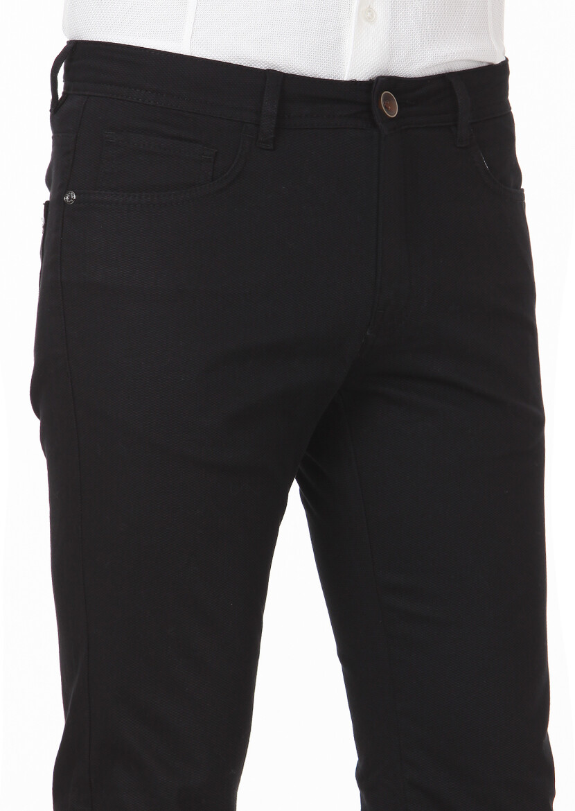 Black Weaving Slim Fit Casual Cotton Blended Trousers - 3