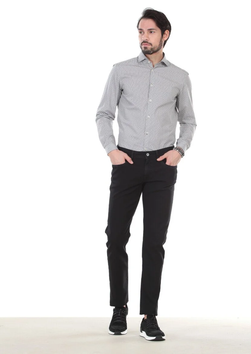 Black Weaving Slim Fit Casual Cotton Blended Trousers - 3