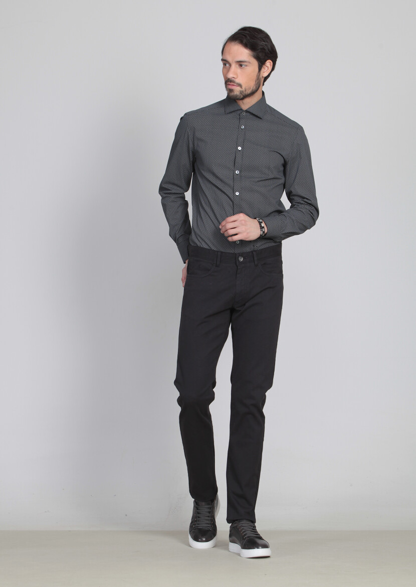 Black Weaving Slim Fit Casual Cotton Blended Trousers - 1