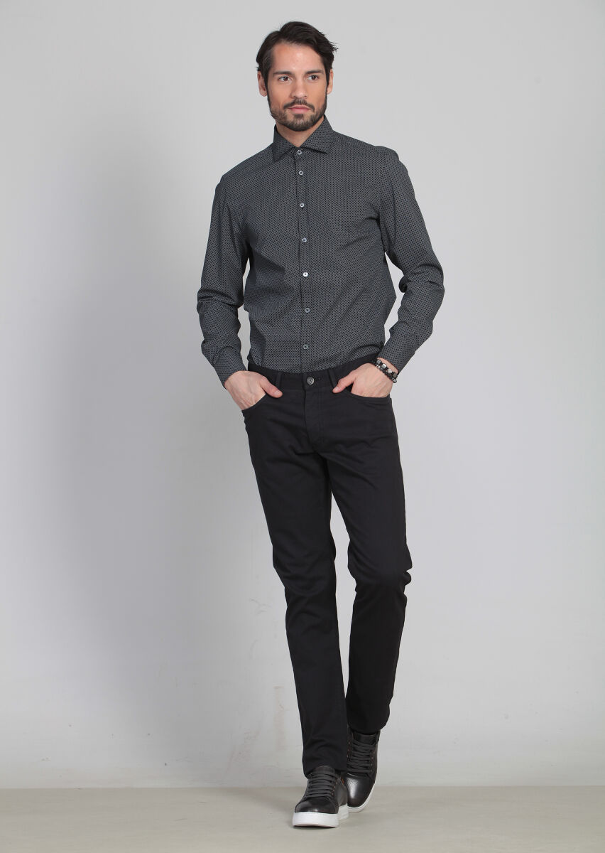 Black Weaving Slim Fit Casual Cotton Blended Trousers - 2