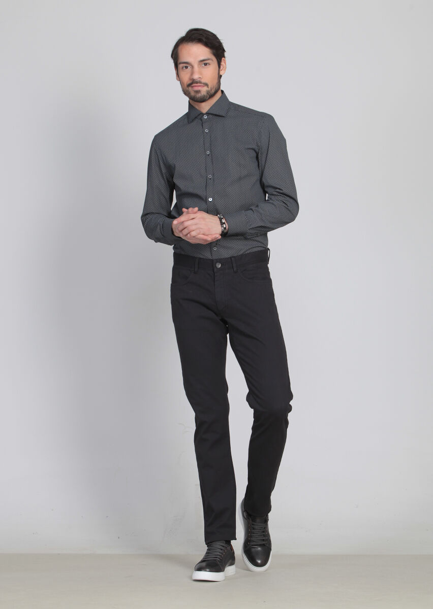 Black Weaving Slim Fit Casual Cotton Blended Trousers - 3