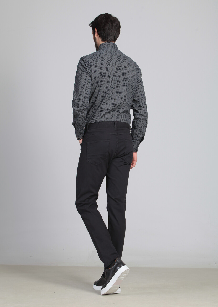 Black Weaving Slim Fit Casual Cotton Blended Trousers - 5