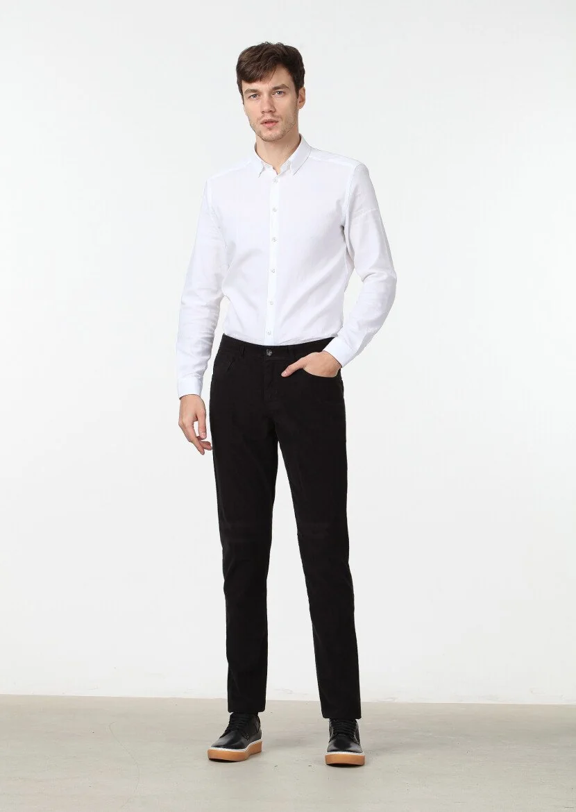 Black Weaving Slim Fit Casual Cotton Blended Trousers - 1