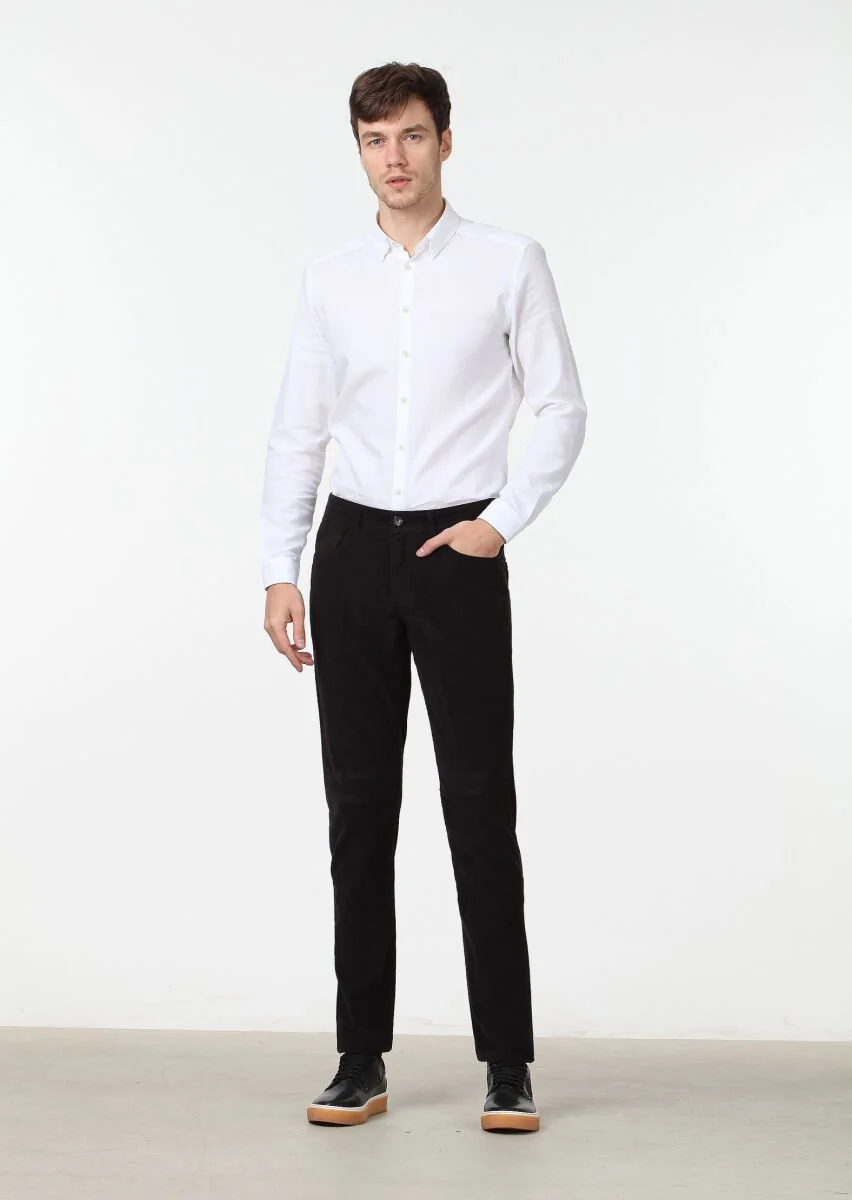 Black Weaving Slim Fit Casual Cotton Blended Trousers - 1