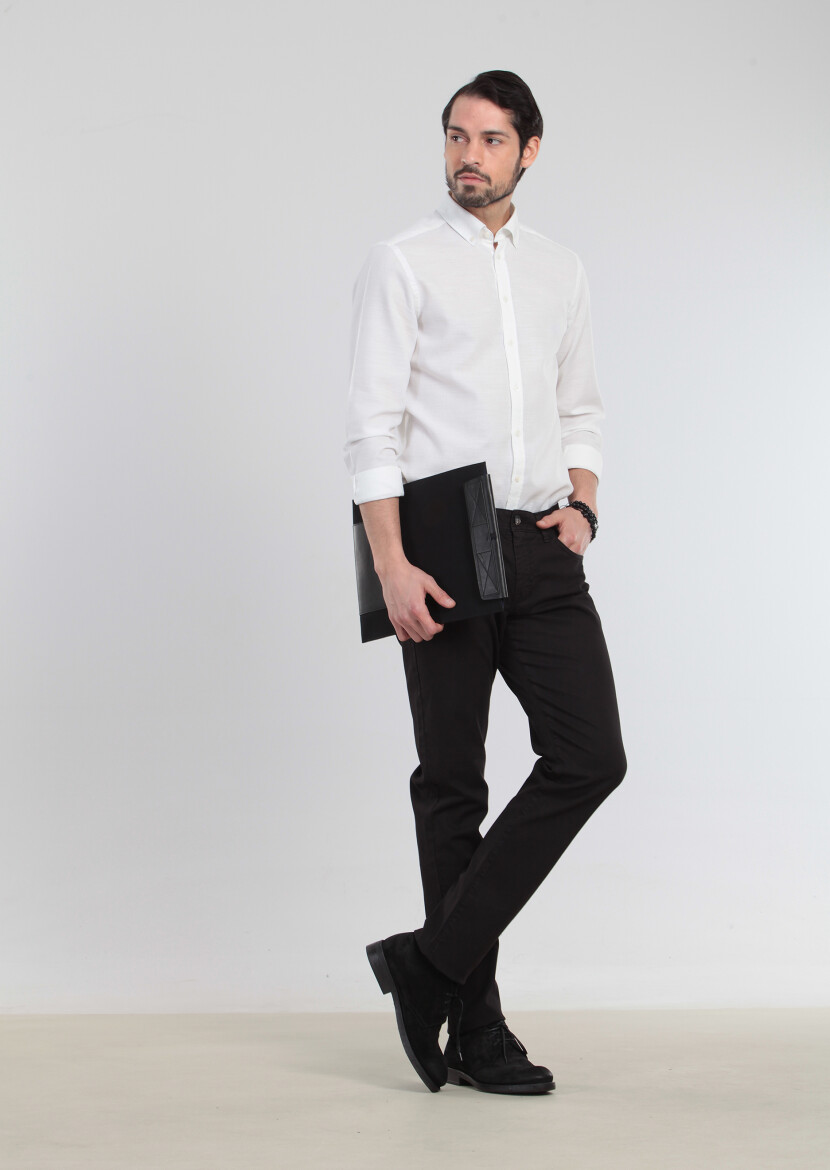 Black Weaving Slim Fit Casual Cotton Blended Trousers - 2