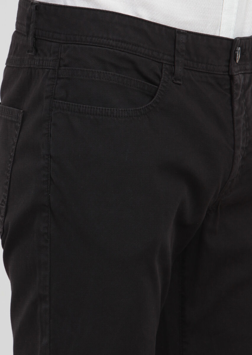Black Weaving Slim Fit Casual Cotton Blended Trousers - 4