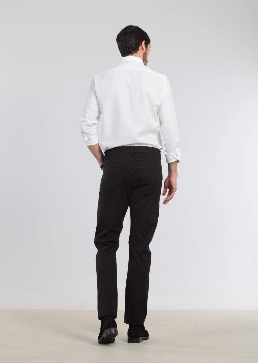 Black Weaving Slim Fit Casual Cotton Blended Trousers - 5