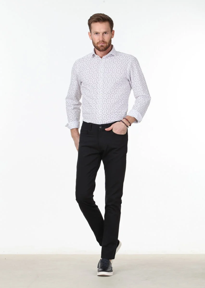 Black Weaving Slim Fit Casual Cotton Blended Trousers - 2