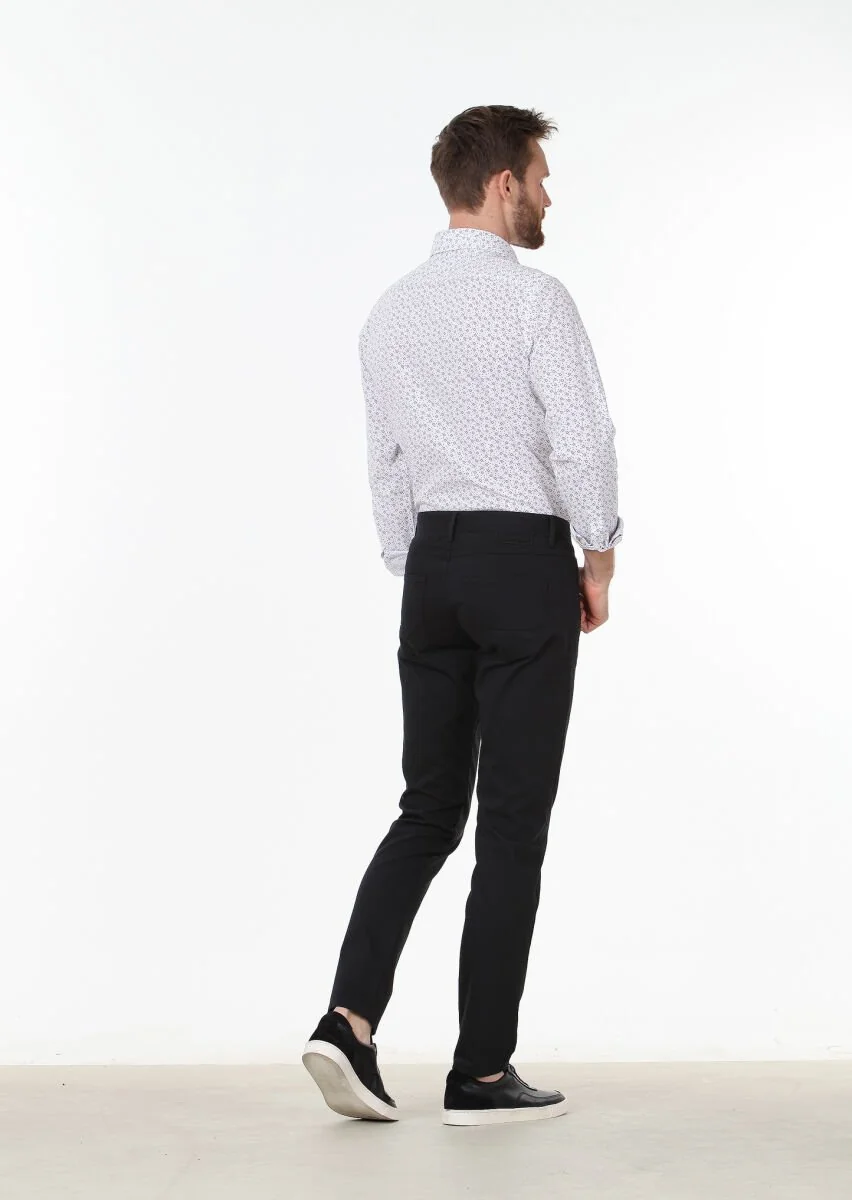 Black Weaving Slim Fit Casual Cotton Blended Trousers - 4