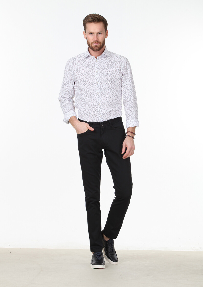 Black Weaving Slim Fit Casual Cotton Blended Trousers - 1