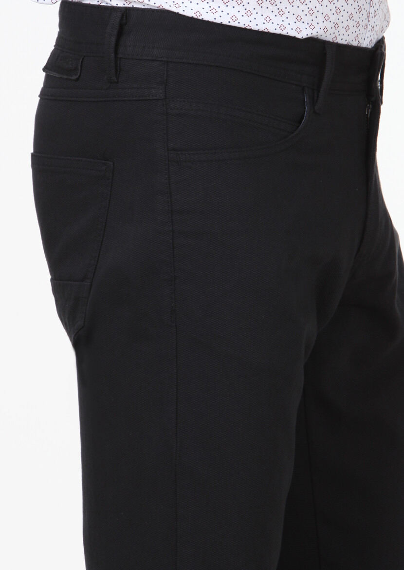 Black Weaving Slim Fit Casual Cotton Blended Trousers - 3