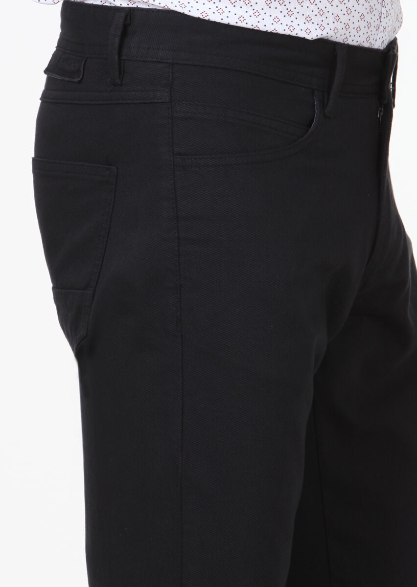 Black Weaving Slim Fit Casual Cotton Blended Trousers - 3