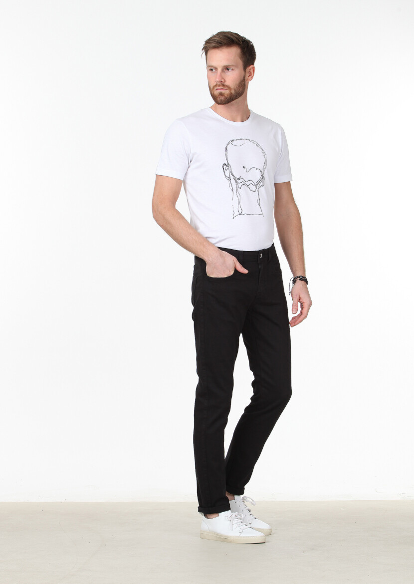 Black Weaving Slim Fit Casual Cotton Blended Trousers 