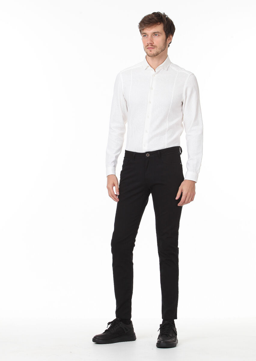 Black Weaving Slim Fit Casual Cotton Blended Trousers - 1