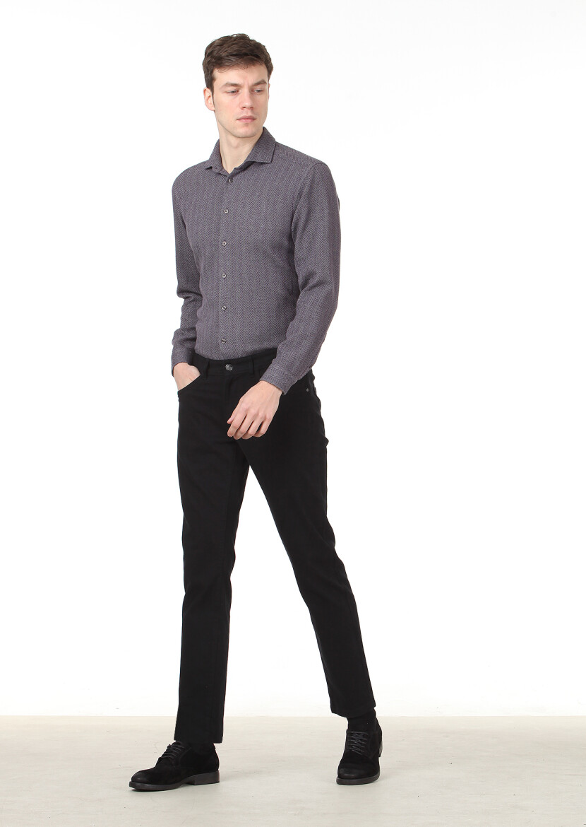 Black Weaving Slim Fit Casual Cotton Blended Trousers - 1