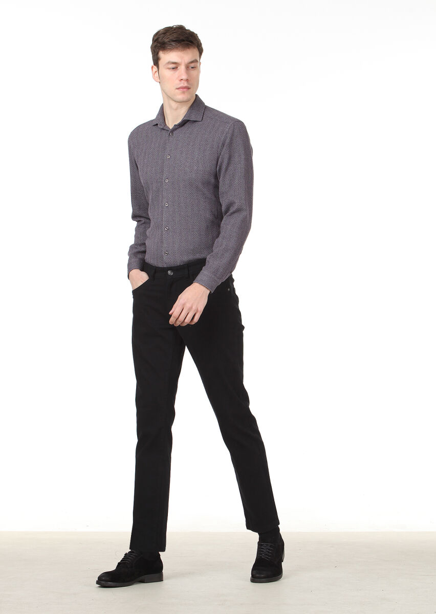 Black Weaving Slim Fit Casual Cotton Blended Trousers - 1