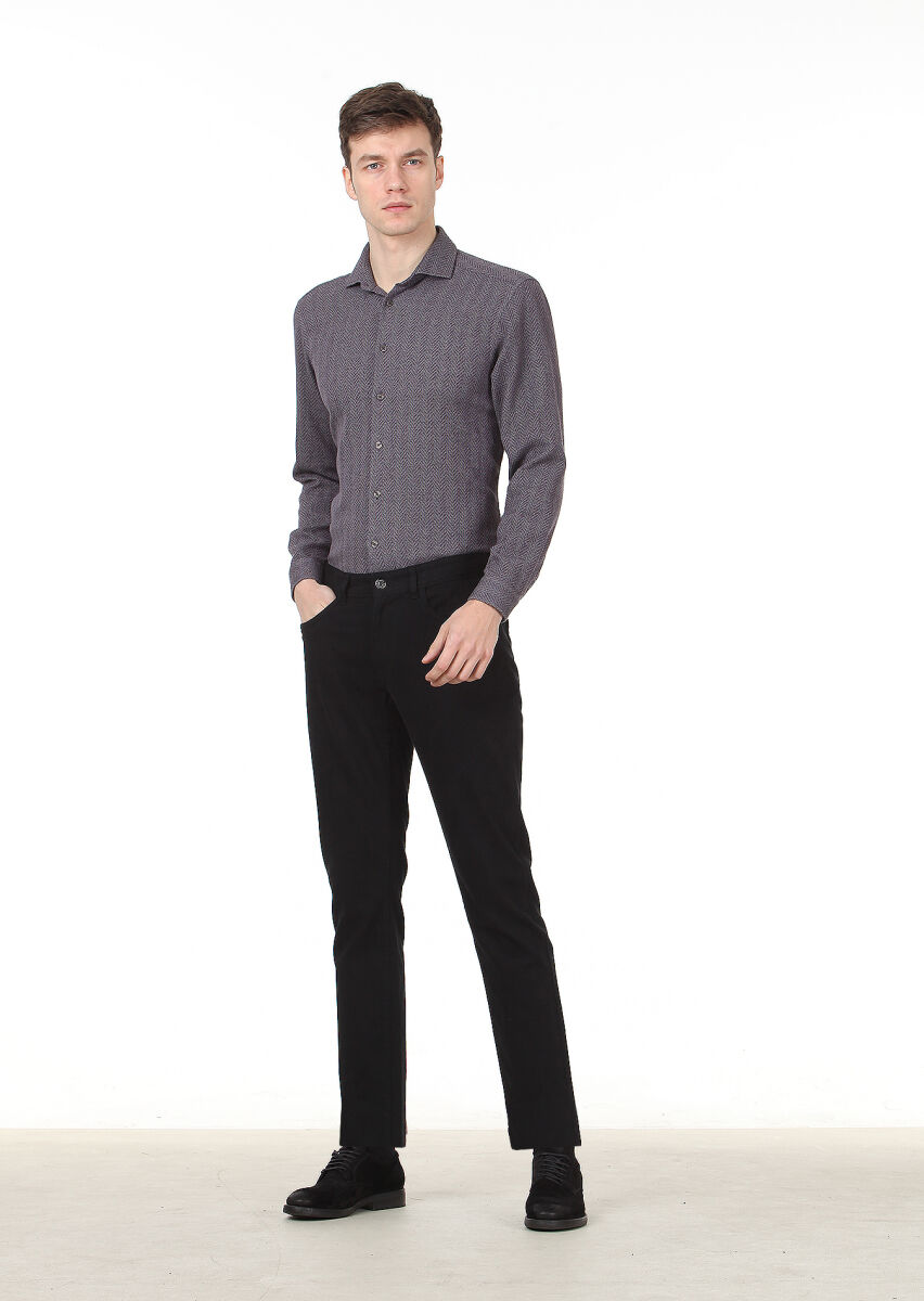 Black Weaving Slim Fit Casual Cotton Blended Trousers - 2