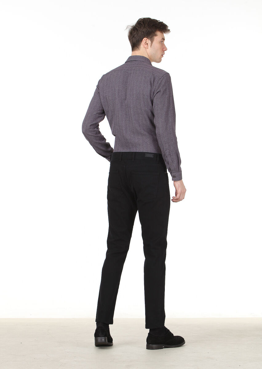 Black Weaving Slim Fit Casual Cotton Blended Trousers - 4