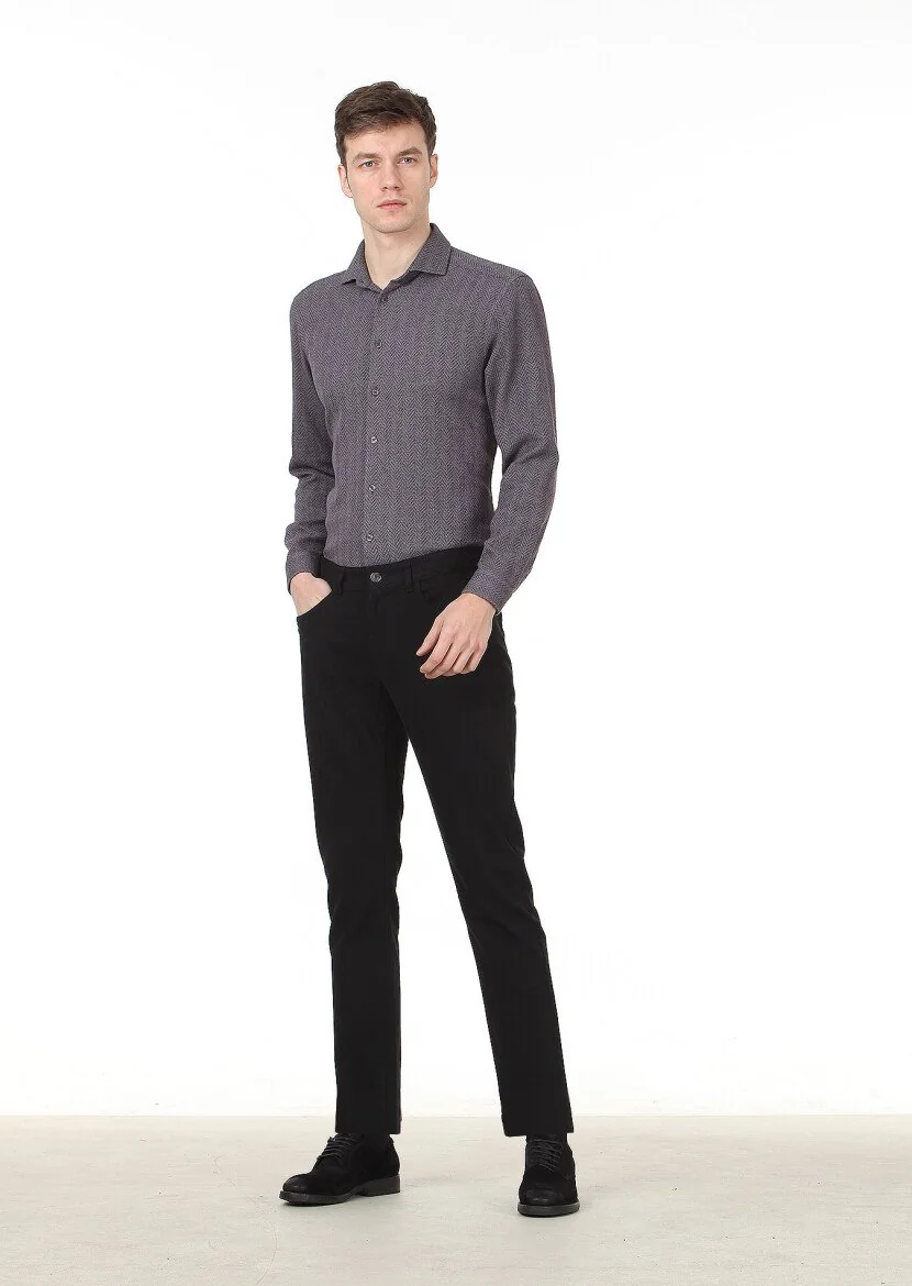 Black Weaving Slim Fit Casual Cotton Blended Trousers 