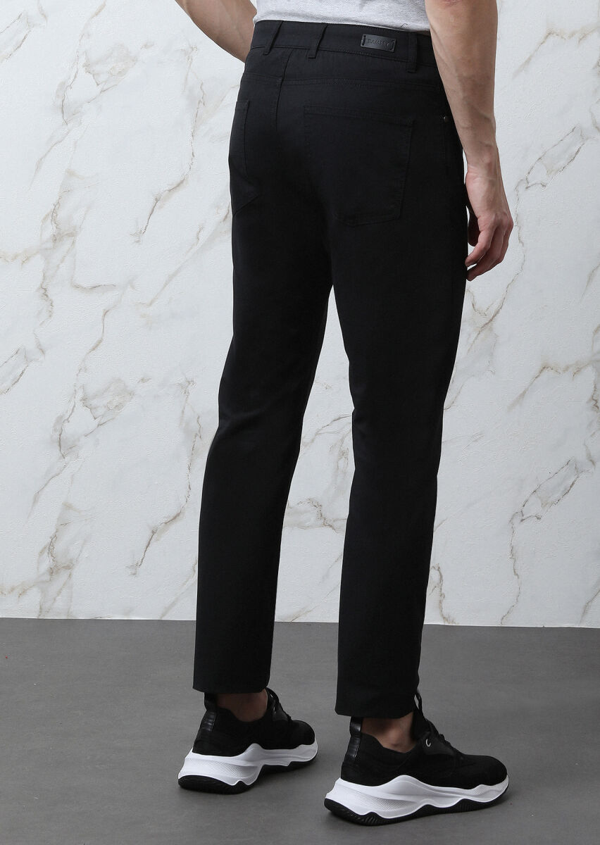 Black Weaving Slim Fit Casual Cotton Blended Trousers - 5