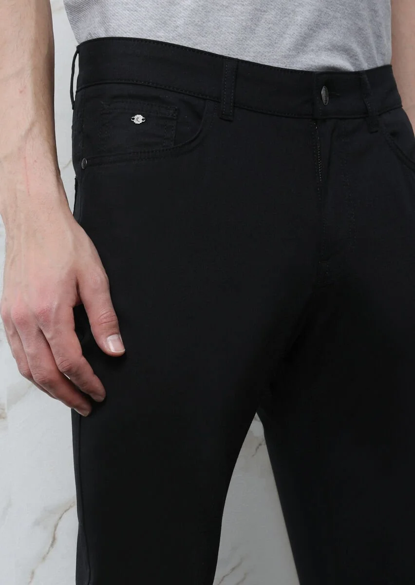 Black Weaving Slim Fit Casual Cotton Blended Trousers - 3