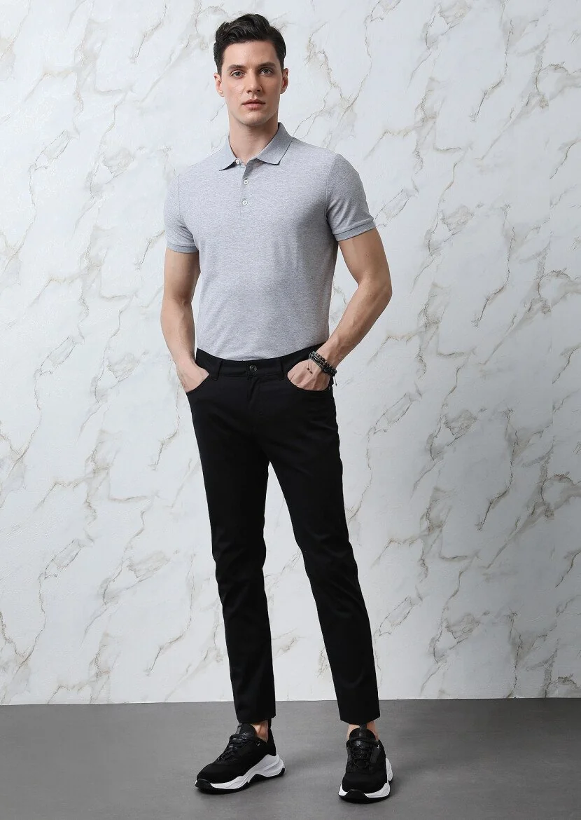 Black Weaving Slim Fit Casual Cotton Blended Trousers - 4