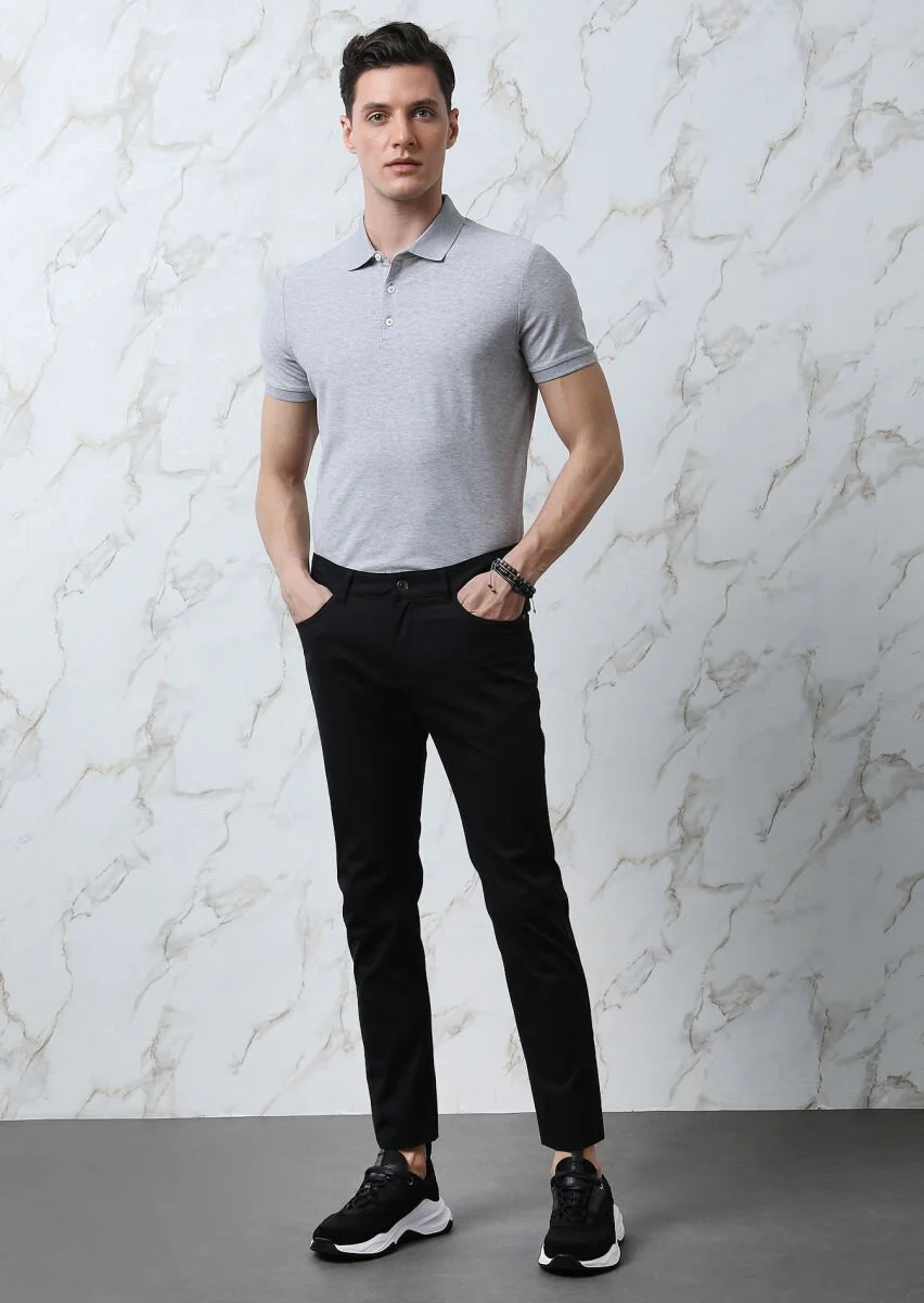 Black Weaving Slim Fit Casual Cotton Blended Trousers - 4