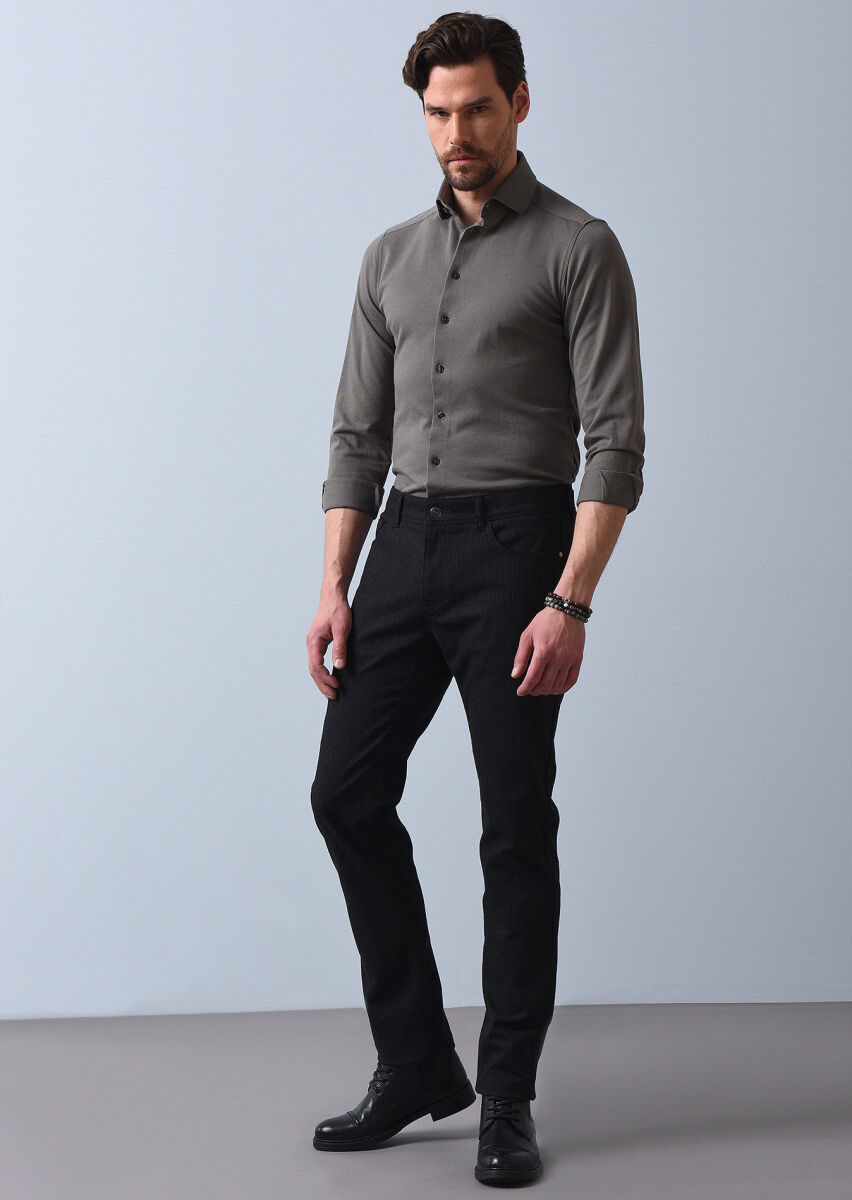 Black Weaving Slim Fit Casual Cotton Blended Trousers - 2