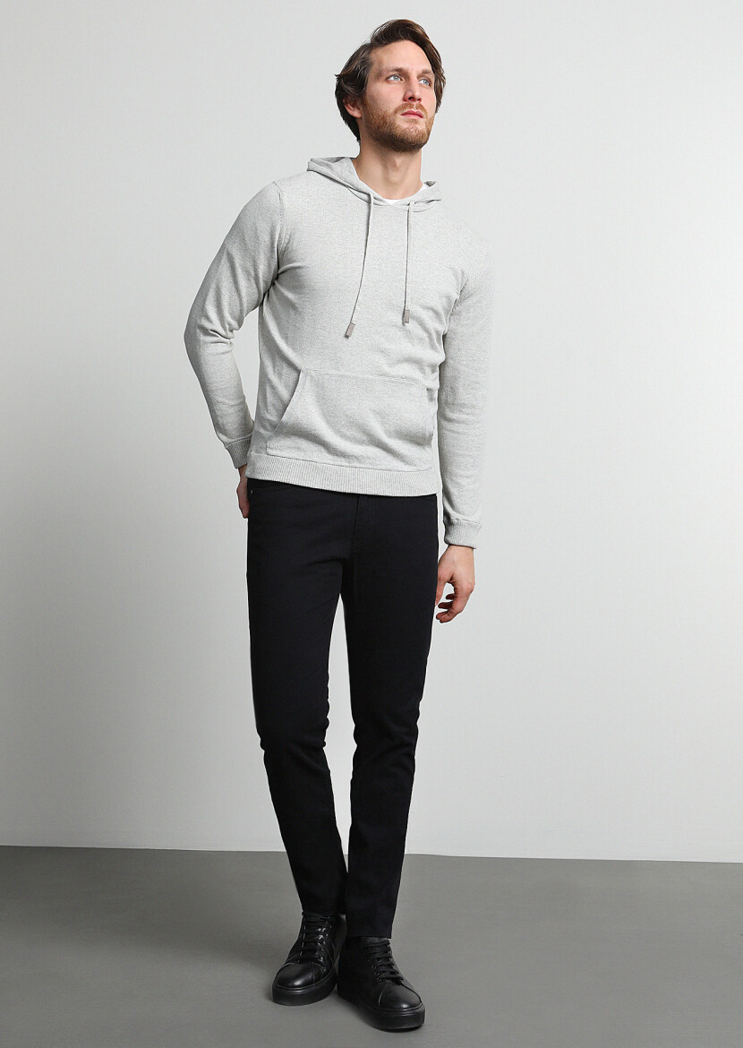 Black Weaving Slim Fit Casual Cotton Blended Trousers - 1