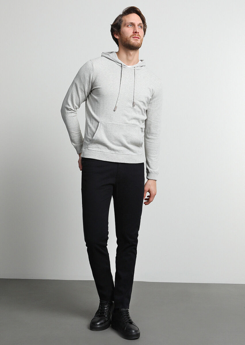 Black Weaving Slim Fit Casual Cotton Blended Trousers - 1