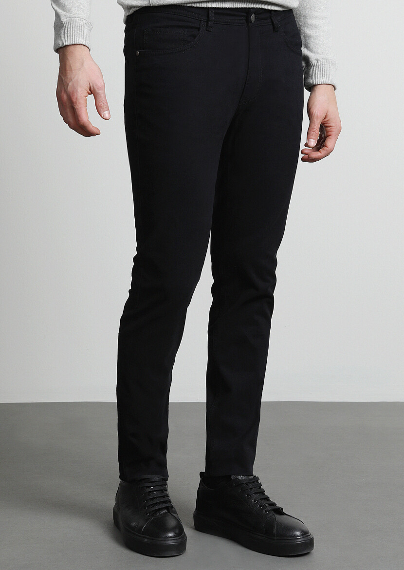 Black Weaving Slim Fit Casual Cotton Blended Trousers - 3