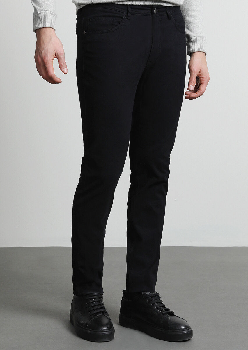 Black Weaving Slim Fit Casual Cotton Blended Trousers - 3