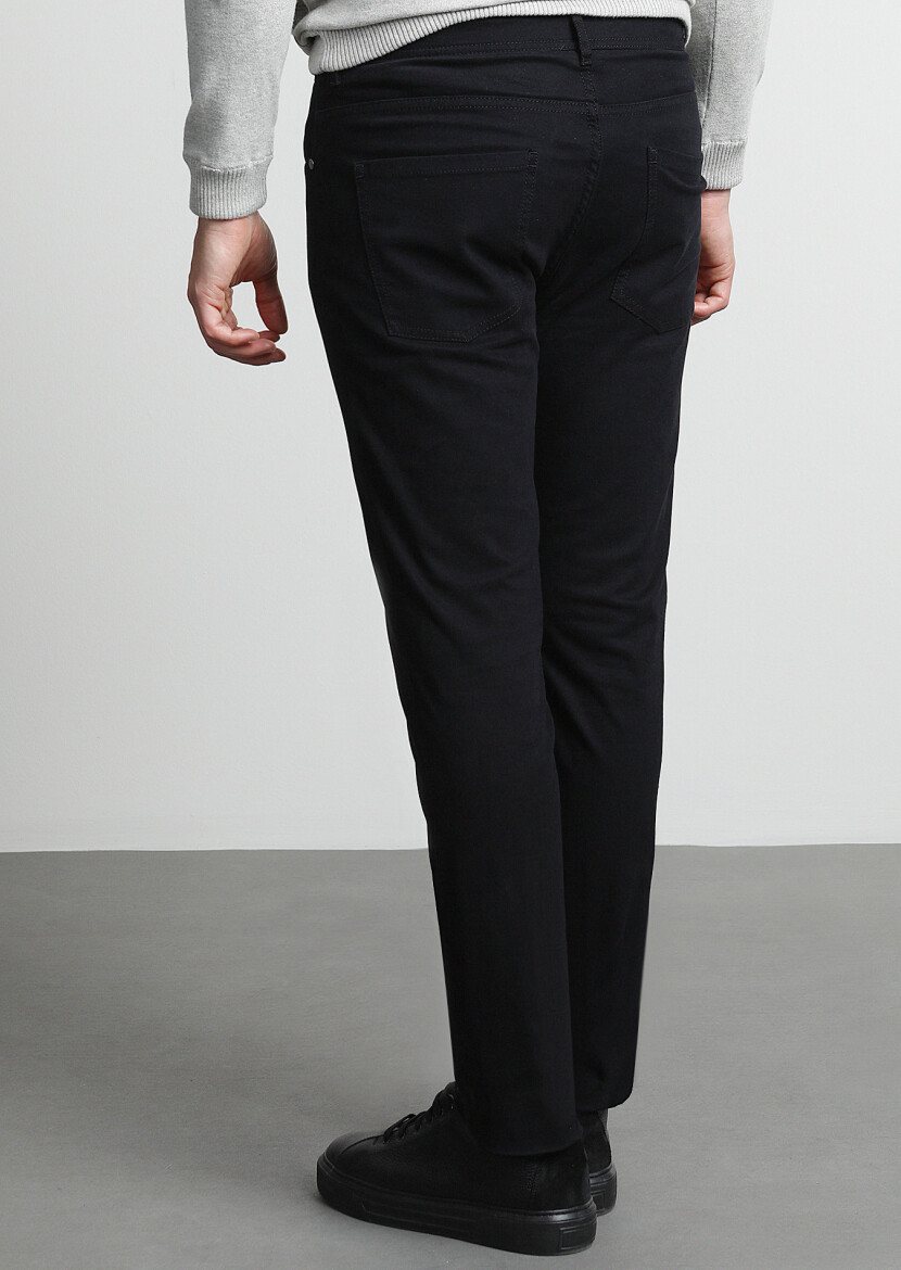 Black Weaving Slim Fit Casual Cotton Blended Trousers - 4