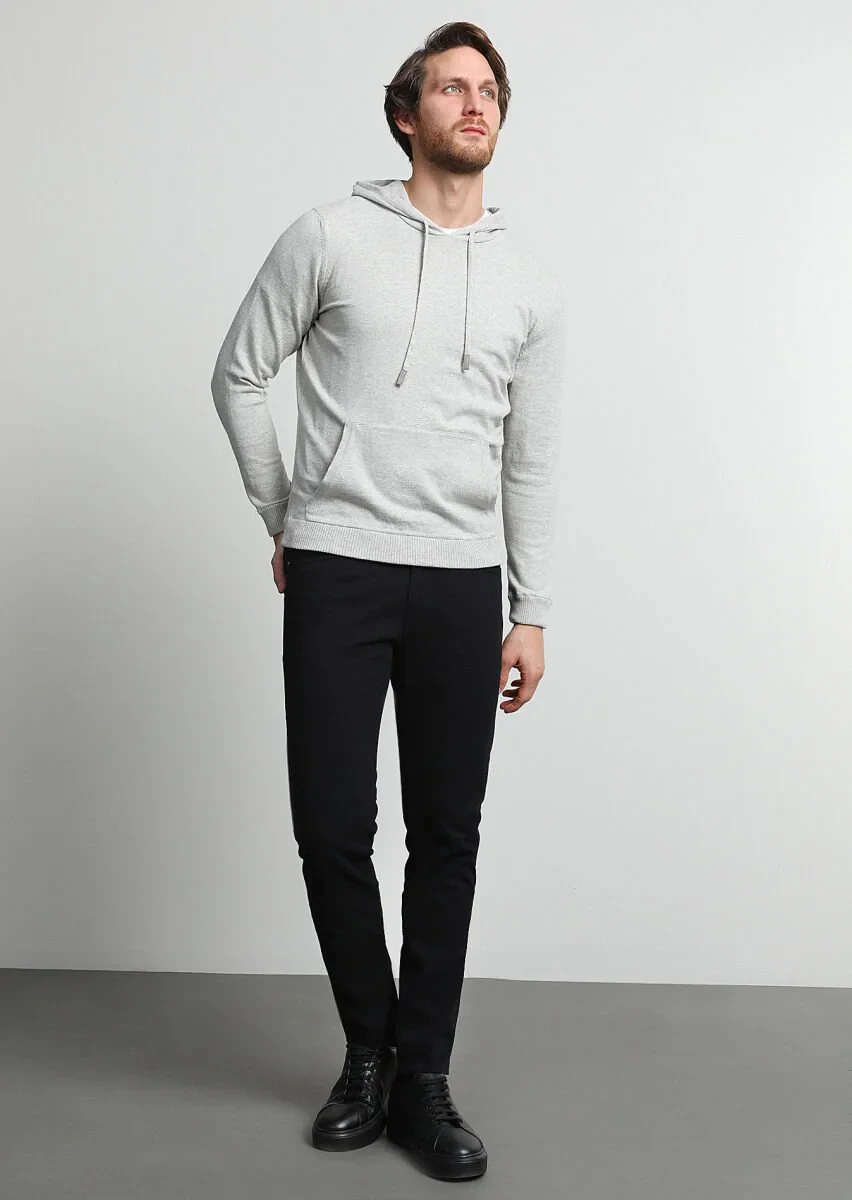 Black Weaving Slim Fit Casual Cotton Blended Trousers - 1