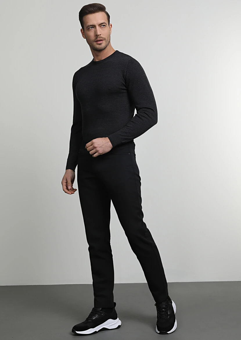 Black Weaving Slim Fit Casual Cotton Blended Trousers - 1