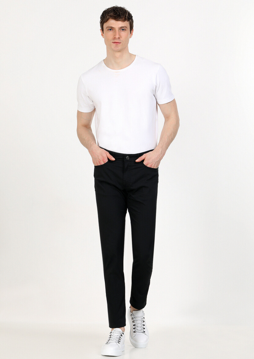 Black Weaving Slim Fit Casual Cotton Blended Trousers - 1
