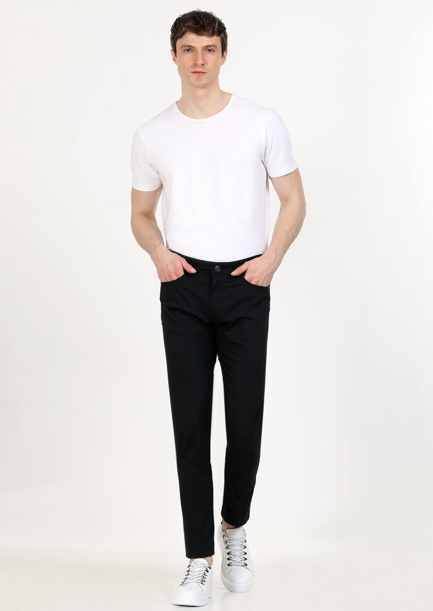Black Weaving Slim Fit Casual Cotton Blended Trousers - 1