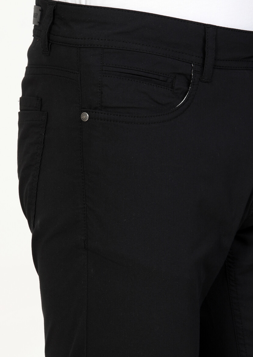 Black Weaving Slim Fit Casual Cotton Blended Trousers - 3