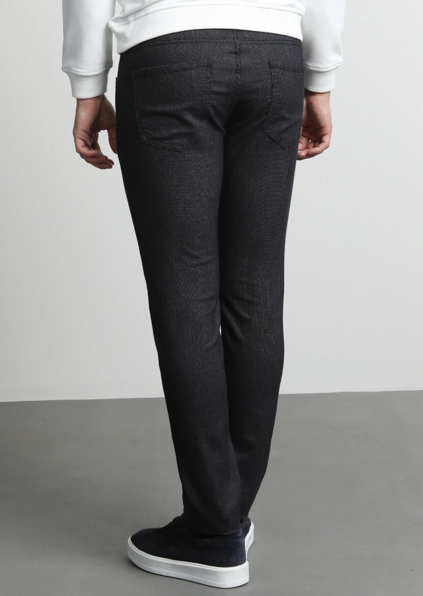 Black Weaving Slim Fit Casual Cotton Blended Trousers - 4