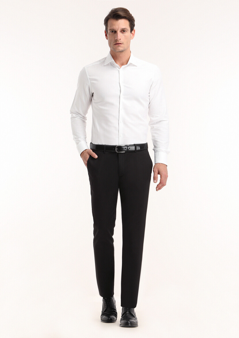 Black Weaving Slim Fit Casual Cotton Blended Trousers - 2