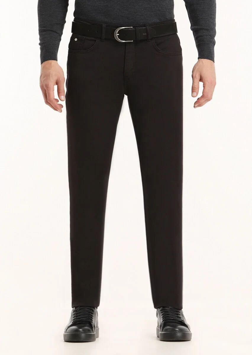 Black Weaving Slim Fit Casual Cotton Blended Trousers - 2