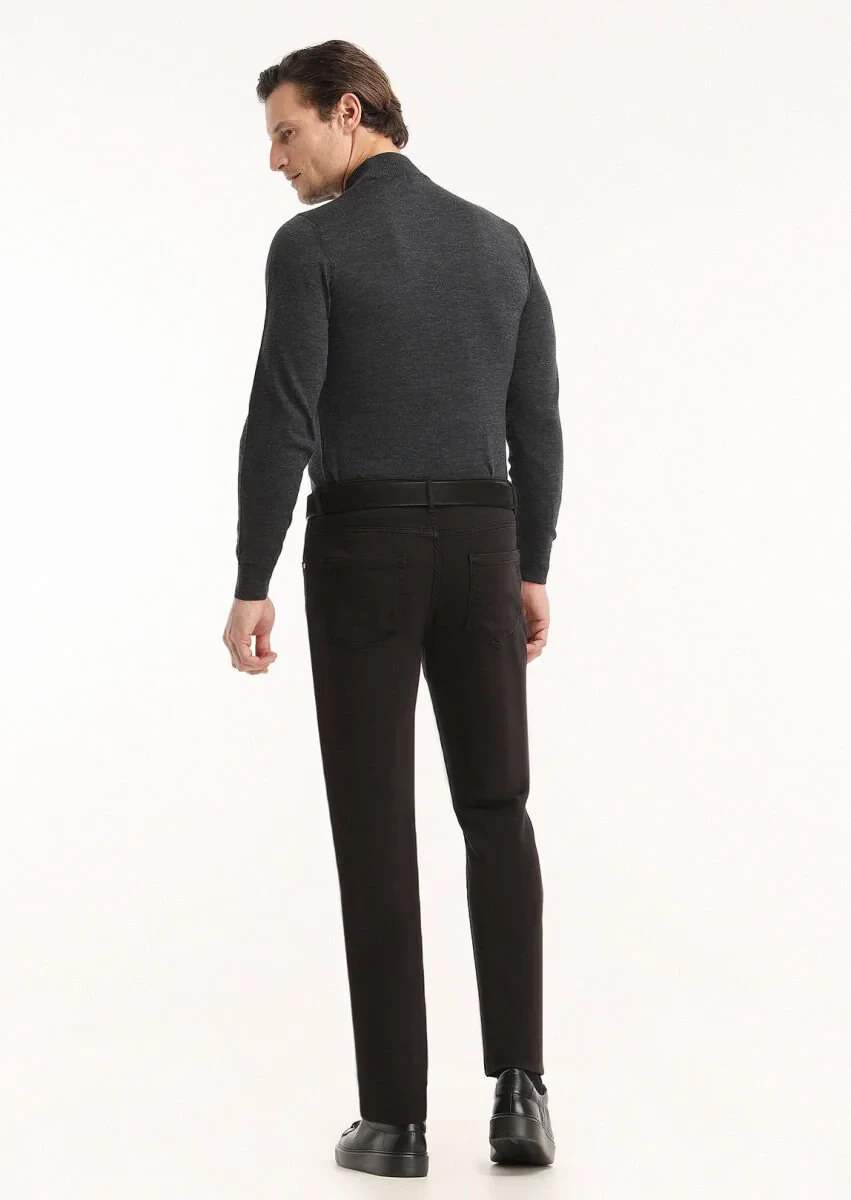 Black Weaving Slim Fit Casual Cotton Blended Trousers - 4