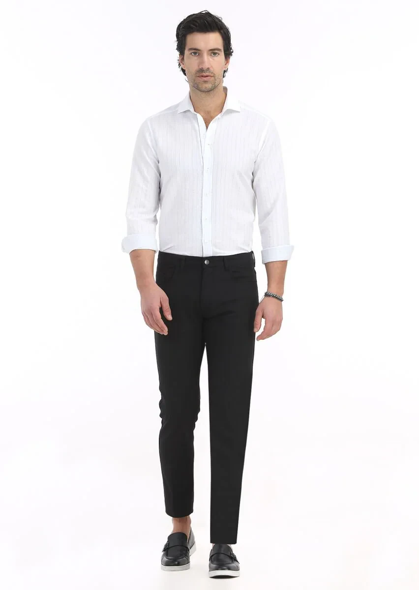Black Weaving Slim Fit Casual Cotton Blended Trousers - 1
