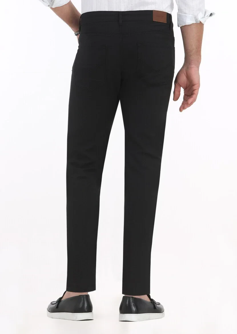 Black Weaving Slim Fit Casual Cotton Blended Trousers - 4