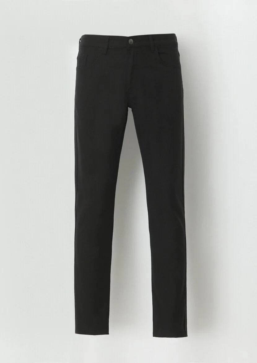 Black Weaving Slim Fit Casual Cotton Blended Trousers - 5