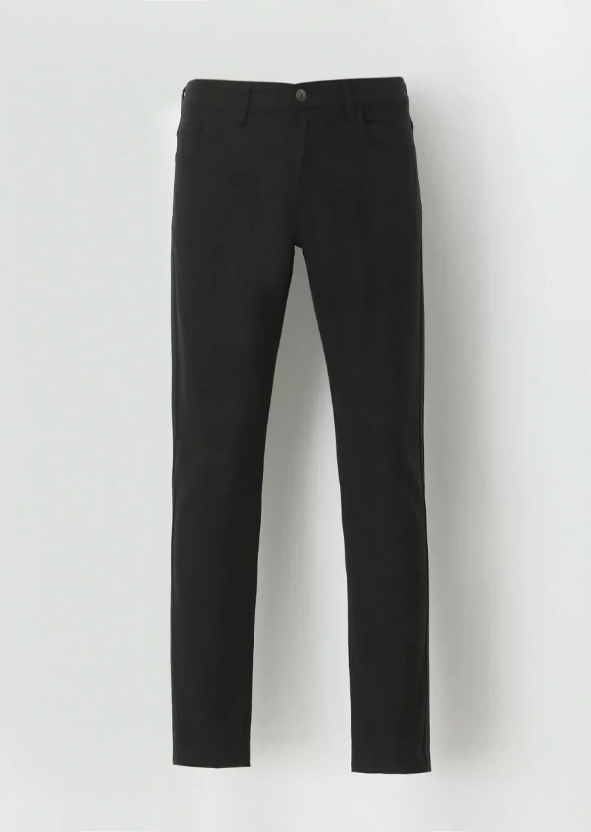 Black Weaving Slim Fit Casual Cotton Blended Trousers - 5