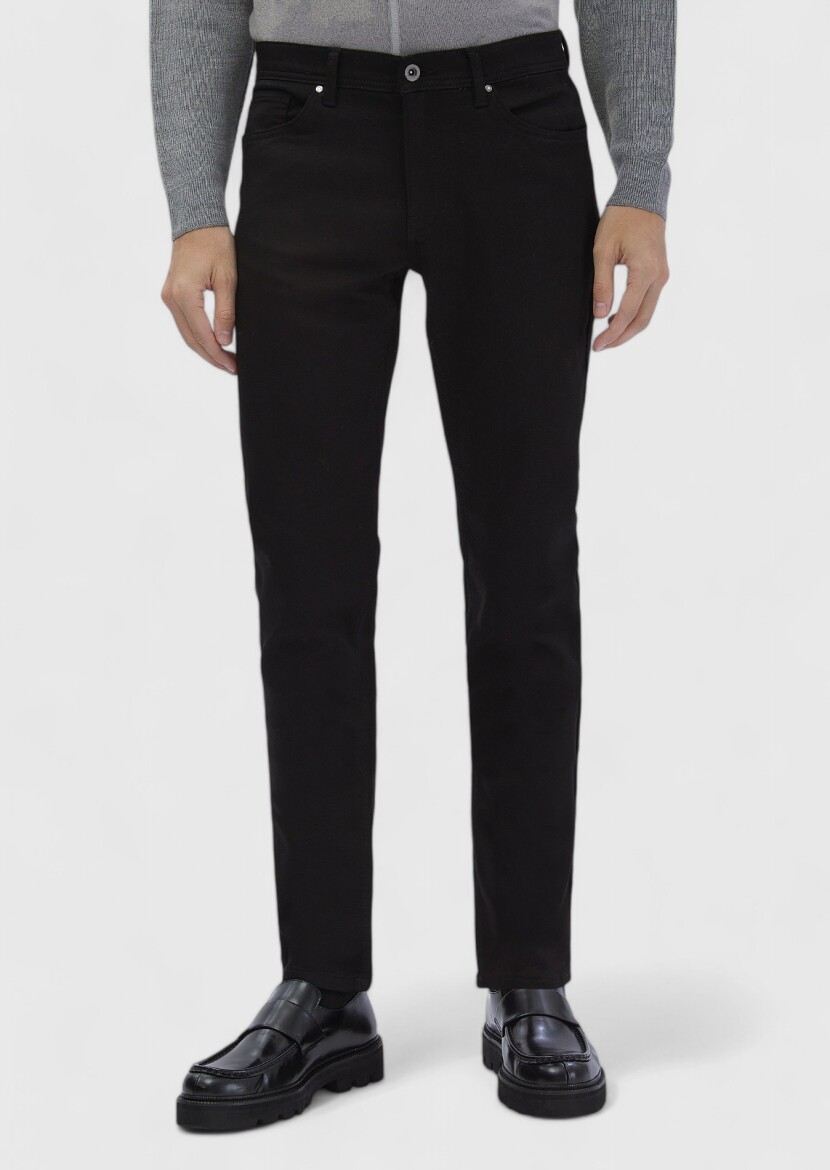 Black Weaving Slim Fit Casual Cotton Blended Trousers 
