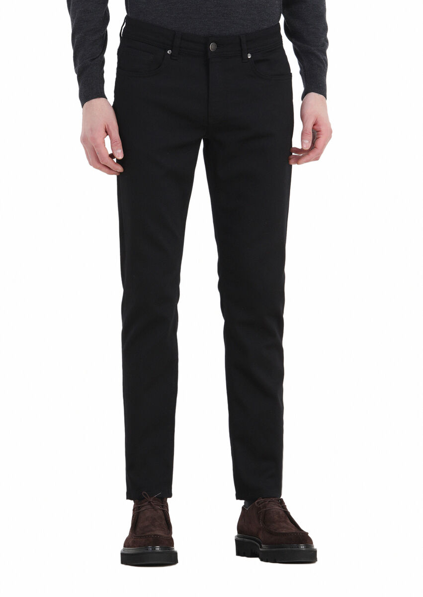 Black Weaving Slim Fit Casual Cotton Blended Trousers - 2