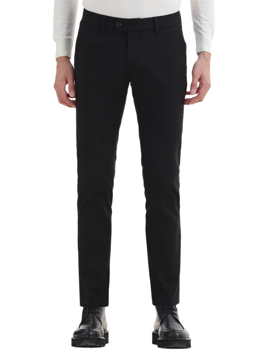 Black Weaving Slim Fit Casual Cotton Blended Trousers - 3